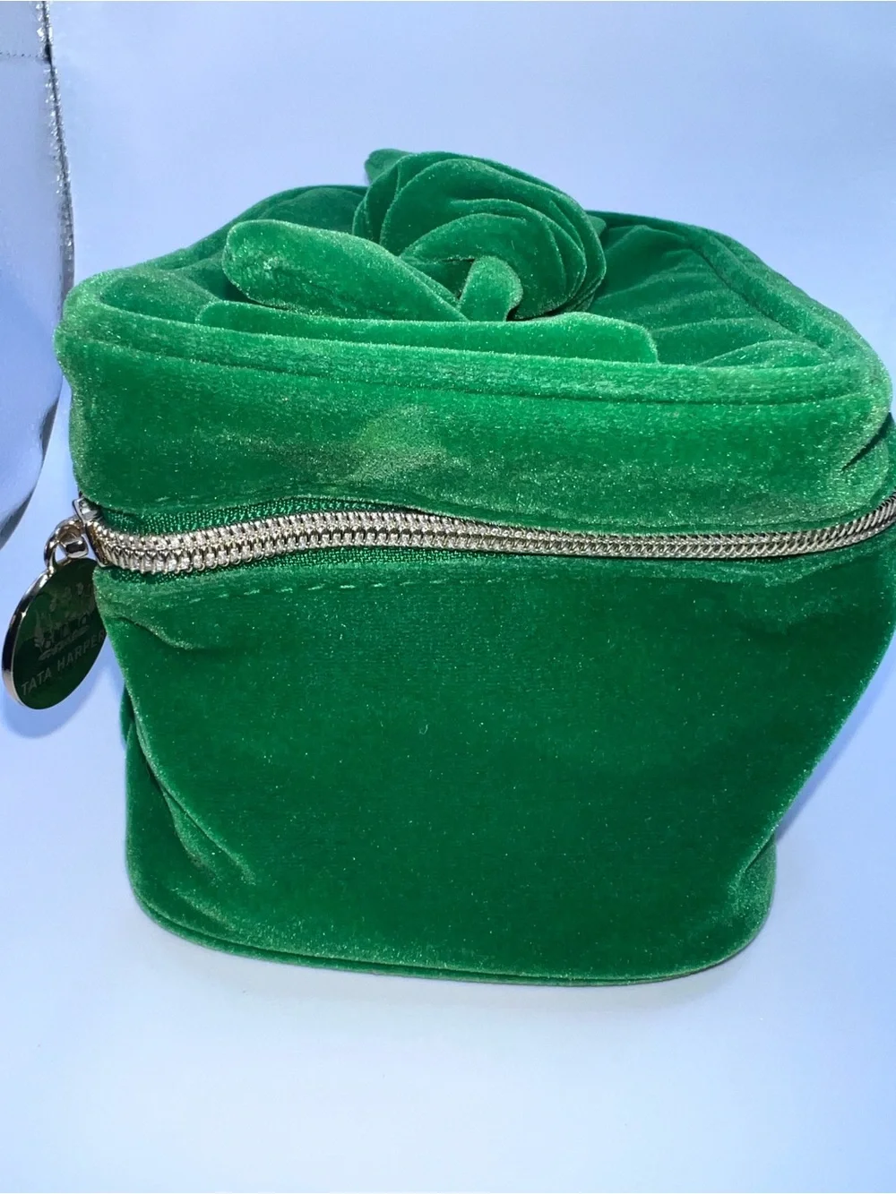 Tata Harper Emerald Green Velvet Cosmetic Case with Knot Handle